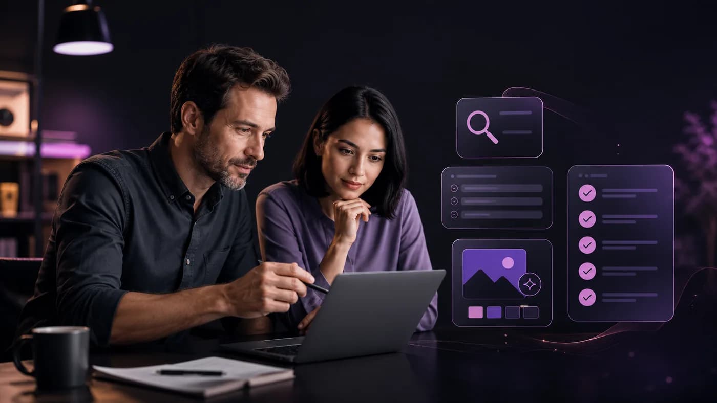 Professionals reviewing a portfolio SEO and image quality checklist