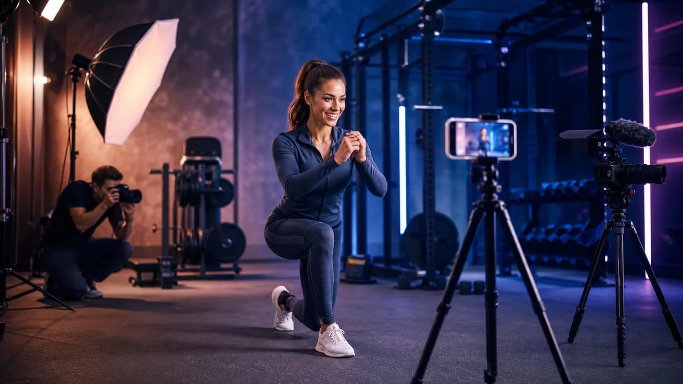 Fitness creator recording a workout with modern studio cameras